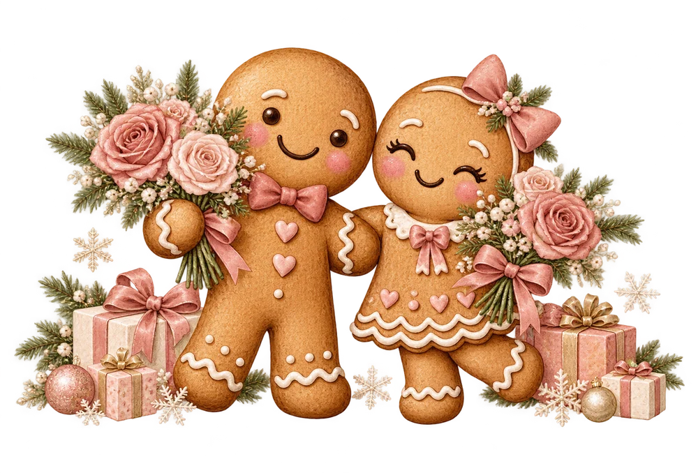 Zwei Lebkuchenmännchen verschenken rosa Rosen
